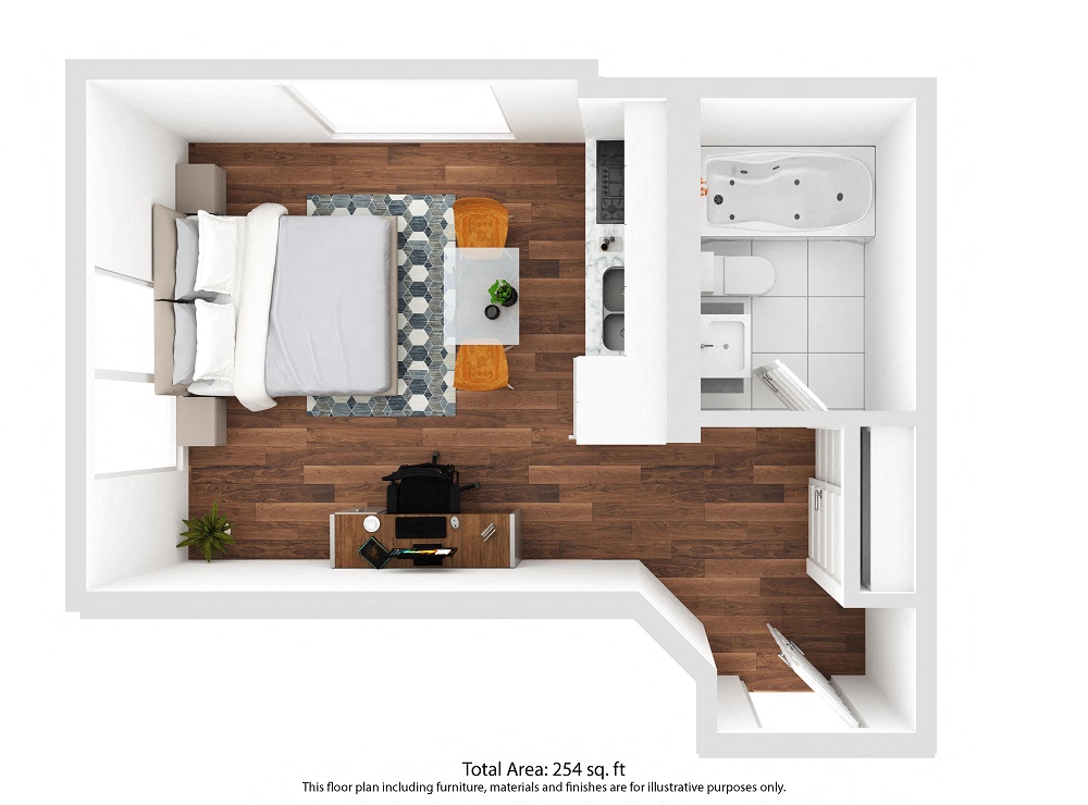 Floor plan for studio, 1 bath, 300 sqft